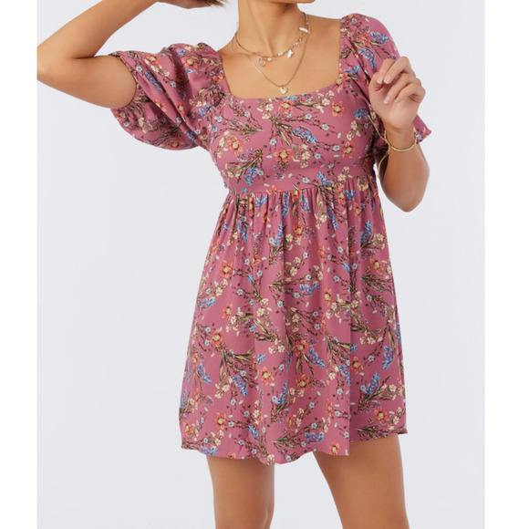 O'Neill Floral Puff Sleeve Manda Open Back Mini Dress Medium Berry Pink - Picture 1 of 12